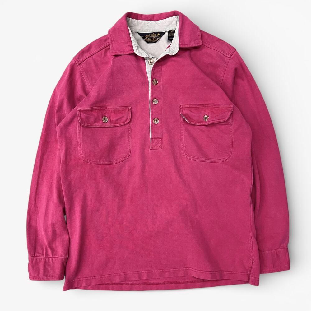 Vintage 90s Eddie Bauer Faded Red Collared Rugby Utility Pocket Shirt Preppy S